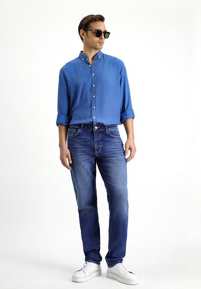 Erkek Giyim - KOYU MAVİ 34 Beden Regular Fit Likralı Denim Pantolon