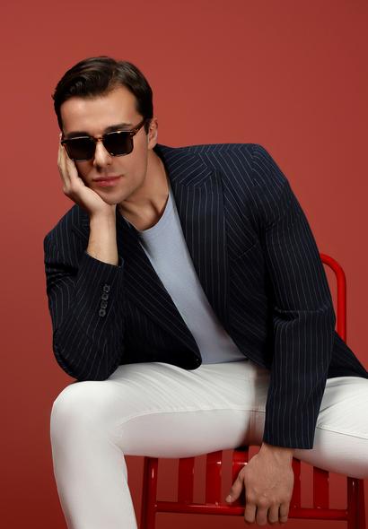 Erkek Giyim - KOYU LACİVERT 50 Beden Super Slim Fit Ekstra Dar Kesim Çizgili Likralı Spor Ceket