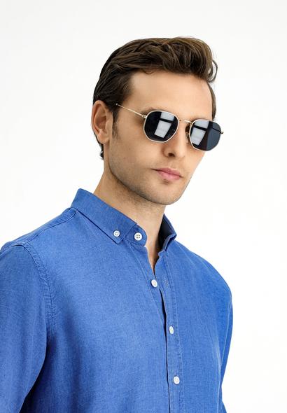 Erkek Giyim - ORTA LACİVERT M Beden Kısa Kol Regular Fit Spor Düğmeli Yaka Denim Görünümlü Gömlek